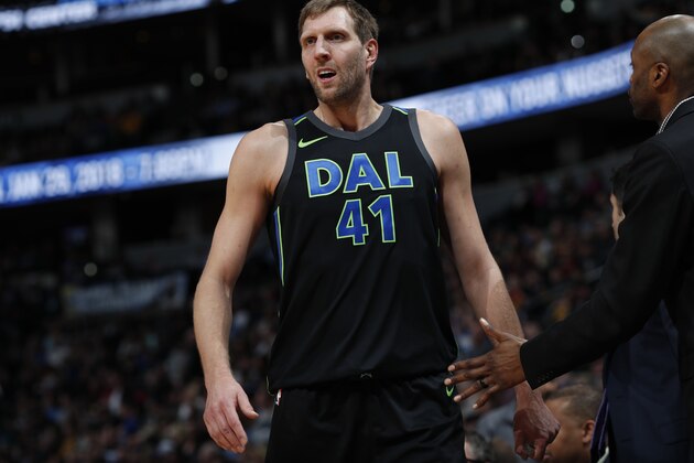Dallas Mavericks forward Dirk Nowitzki (41) in the second half of an NBA basketball game Saturday, Jan. 27, 2018, in Denver. The Nuggets won 91-89. (AP Photo/David Zalubowski)