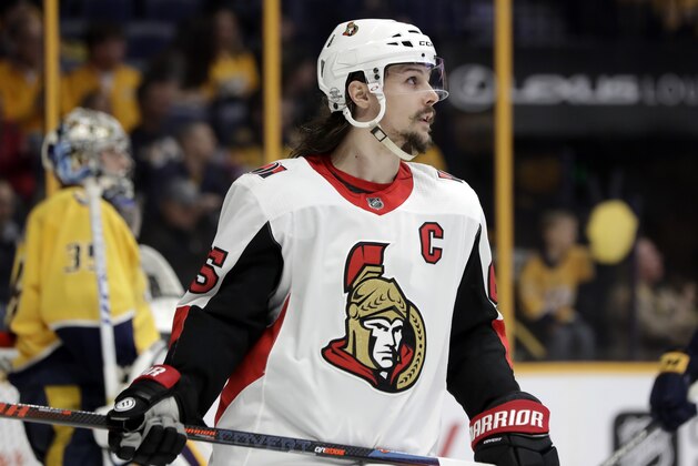 Ottawa Senators defenseman Erik Karlsson (65), of Sweden, plays against the Nashville Predators in the third period of an NHL hockey game Tuesday, Feb. 20, 2018, in Nashville, Tenn. The Predators won 5-2. (AP Photo/Mark Humphrey)