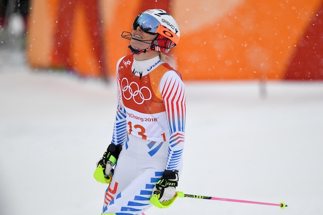 USA's Lindsey Vonn reacts after crossing the finish line in the Women's Alpine Combined Slalom at the Jeongseon Alpine Center during the Pyeongchang 2018 Winter Olympic Games in Pyeongchang on February 22, 2018.  / AFP PHOTO / JAVIER SORIANO        (Photo credit should read JAVIER SORIANO/AFP/Getty Images)