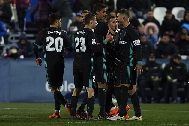 LEGANES, SPAIN - FEBRUARY 21:  Sergio Ramos of Real Madrid celebrates after scoring his team's third goal with his teammates during the La Liga match between CD Leganes and Real Madrid at Estadio Municipal de Butarque on February 21, 2018 in Leganes, Spain.Ê (Photo by Quality Sport Images/Getty Images)