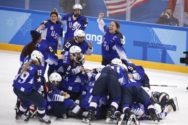 The United States players celebrate after winning the women's gold medal hockey game against Canada at the 2018 Winter Olympics in Gangneung, South Korea, Thursday, Feb. 22, 2018. (AP Photo/Jae C. Hong) The United States players celebrate after winning the women's gold medal hockey game against Canada at the 2018 Winter Olympics in Gangneung, South Korea, Thursday, Feb. 22, 2018. (AP Photo/Jae C. Hong)