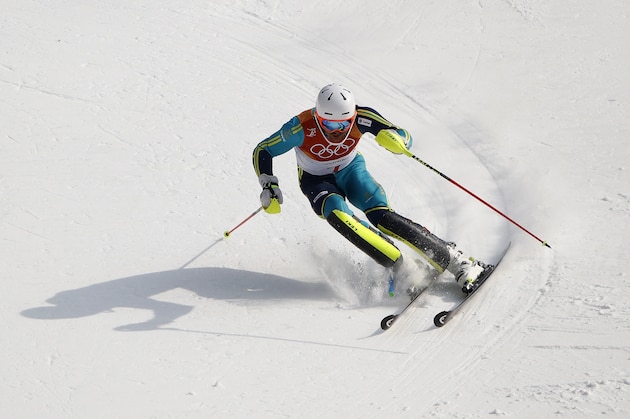 Gold medalist Andre Myhrer, of Sweden, makes his final run in the men's slalom at the 2018 Winter Olympics in Pyeongchang, South Korea, Thursday, Feb. 22, 2018. (AP Photo/Charlie Riedel)
