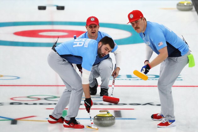 GANGNEUNG, SOUTH KOREA - FEBRUARY 22:  Matt Hamilton, John Shuster, John Landsteiner of USA compete in the Curling Men's Semi-final against Canada on day thirteen of the PyeongChang 2018 Winter Olympic Games at Gangneung Curling Centre on February 22, 2018 in Gangneung, South Korea.  (Photo by Dean Mouhtaropoulos/Getty Images)