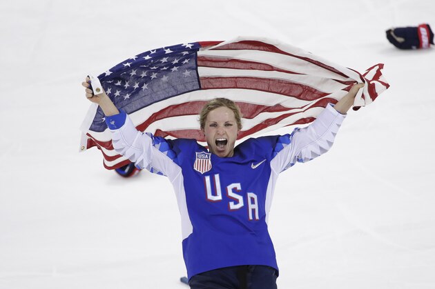 Jocelyne Lamoureux-Davidson (17), of the United States, celebrates after winning against Canada in the women's gold medal hockey game at the 2018 Winter Olympics in Gangneung, South Korea, Thursday, Feb. 22, 2018. (AP Photo/Matt Slocum)