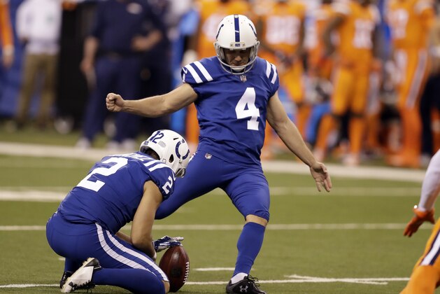 Indianapolis Colts kicker Adam Vinatieri (4) kicks a field goal from the hold of Rigoberto Sanchez during the first half of an NFL football game against the Denver Broncos in Indianapolis, Thursday, Dec. 14, 2017. (AP Photo/Darron Cummings)
