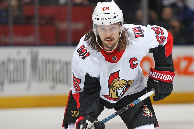 TORONTO, ON - FEBRUARY 10: Erik Karlsson #65 of the Ottawa Senators waits for a puck drop against the Toronto Maple Leafs during an NHL game at the Air Canada Centre on February 10, 2018 in Toronto, Ontario, Canada. The Maple Leafs defeated the Senators 6-3. (Photo by Claus Andersen/Getty Images) TORONTO, ON - FEBRUARY 10: Erik Karlsson #65 of the Ottawa Senators waits for a puck drop against the Toronto Maple Leafs during an NHL game at the Air Canada Centre on February 10, 2018 in Toronto, Ontario, Canada. The Maple Leafs defeated the Senators 6-3. (Photo by Claus Andersen/Getty Images)