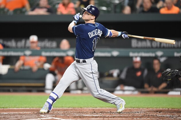 BALTIMORE, MD - SEPTEMBER 23:  Corey Dickerson #10 of the Tampa Bay Rays takes a swing during a baseball game against the Baltimore Orioles at Oriole Park at Camden Yards on September 23, 2017 in Baltimore, Maryland.  The Rays won 9-6.  (Photo by Mitchell Layton/Getty Images)