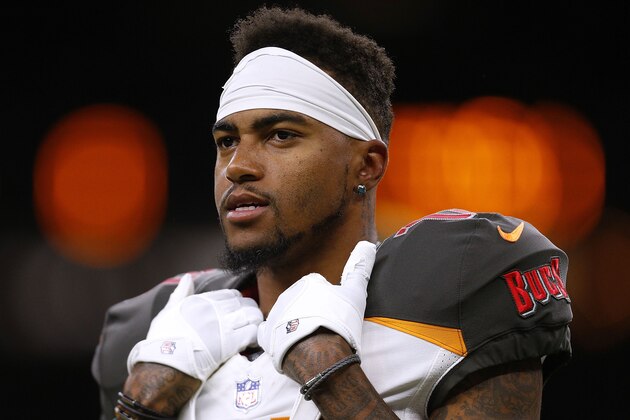 NEW ORLEANS, LA - NOVEMBER 05:  DeSean Jackson #11 of the Tampa Bay Buccaneers reacts during a game against the New Orleans Saints at the Mercedes-Benz Superdome on November 5, 2017 in New Orleans, Louisiana.  (Photo by Jonathan Bachman/Getty Images)