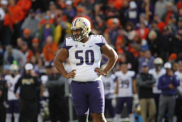Washington defensive tackle Vita Vea (50) during an NCAA college football game, in Corvallis, Ore., Saturday, Sept. 30, 2017. (AP Photo/Timothy J. Gonzalez)