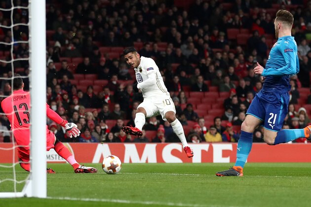 LONDON, ENGLAND - FEBRUARY 22:  Hosam Aiesh of Ostersunds FK scores the first Ostersunds goal during UEFA Europa League Round of 32 match between Arsenal and Ostersunds FK at the Emirates Stadium on February 22, 2018 in London, United Kingdom.  (Photo by Catherine Ivill/Getty Images)