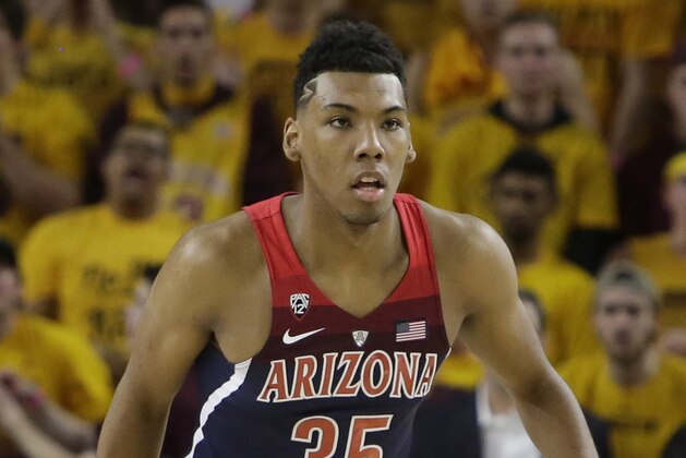Arizona guard Allonzo Trier (35) in the second half during an NCAA college basketball game against Arizona State, Thursrday, Feb. 15, 2018, in Tempe, Ariz. Arizona defeated Arizona State 77-70. (AP Photo/Rick Scuteri)