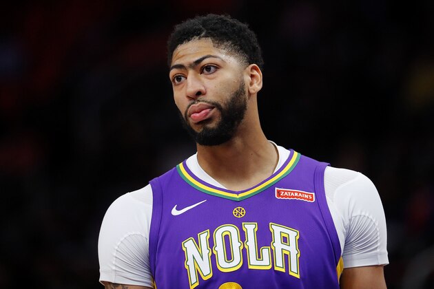 New Orleans Pelicans forward Anthony Davis plays against the Detroit Pistons in the first half of an NBA basketball game in Detroit, Monday, Feb. 12, 2018. (AP Photo/Paul Sancya)