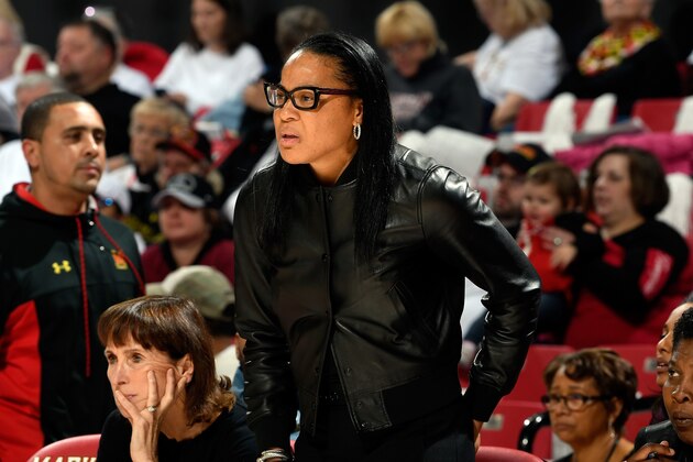 COLLEGE PARK, MD - NOVEMBER 13:  Head Coach Dawn Staley of the South Carolina Gamecocks watches the game against the Maryland Terrapins at Xfinity Center on November 13, 2017 in College Park, Maryland.  (Photo by G Fiume/Maryland Terrapins/Getty Images)