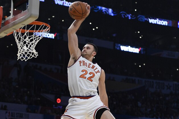 Cleveland Cavaliers' Larry Nance Jr. competes in the slam dunk contest, part of the NBA basketball All-Star weekend, Saturday, Feb. 17, 2018, in Los Angeles. (AP Photo/Chris Pizzello)