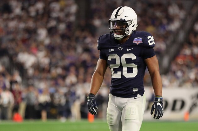 GLENDALE, AZ - DECEMBER 30:  Running back Saquon Barkley #26 of the Penn State Nittany Lions walks on the field during the second half of the Playstation Fiesta Bowl against the Washington Huskies at University of Phoenix Stadium on December 30, 2017 in Glendale, Arizona. The Nittany Lions defeated the Huskies 35-28.  (Photo by Christian Petersen/Getty Images)