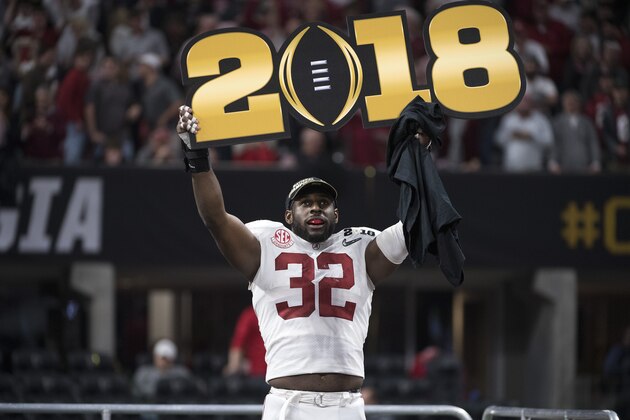 ATLANTA, GA - JANUARY 08: Rashaan Evans #32 of the Alabama Crimson Tide celebrates after defeating the Georgia Bulldogs during the College Football Playoff National Championship held at Mercedes-Benz Stadium on January 8, 2018 in Atlanta, Georgia. Alabama defeated Georgia 26-23 for the national title. (Photo by Jamie Schwaberow/Getty Images)