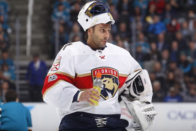 SAN JOSE, CA - NOVEMBER 16: Roberto Luongo #1 of the Florida Panthers gets a drink during the game against the San Jose Sharks at SAP Center on November 16, 2017 in San Jose, California. (Photo by Rocky W. Widner/NHL/Getty Images)