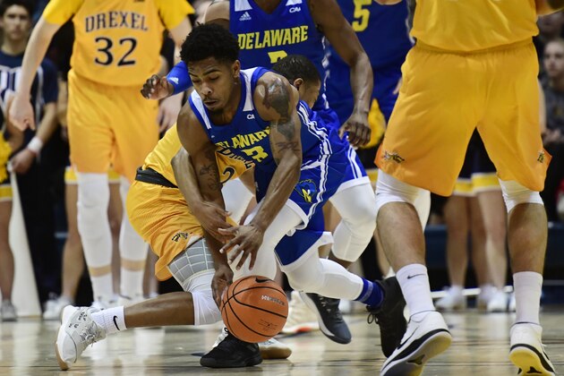 PHILADELPHIA, PA - FEBRUARY 22: Anthony Mosley #3 of the Delaware Fightin Blue Hens collides with Troy Harper #3 of the Drexel Dragons during the first half at the Daskalakis Athletic Center on February 22, 2018 in Philadelphia, Pennsylvania. (Photo by Corey Perrine/Getty Images)