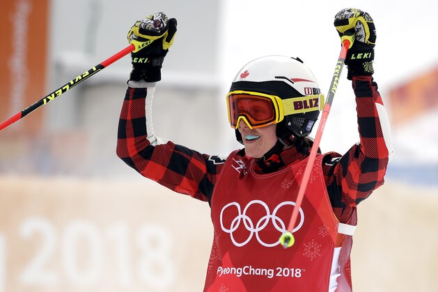 Kelsey Serwa, of Canada, reacts after her run during the women's ski cross elimination round at Phoenix Snow Park at the 2018 Winter Olympics in Pyeongchang, South Korea, Friday, Feb. 23, 2018. (AP Photo/Gregory Bull)