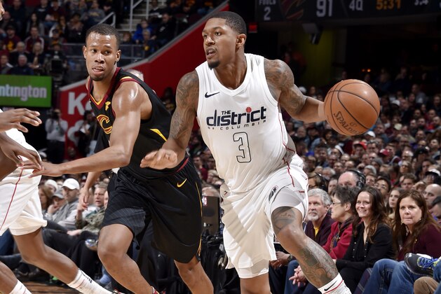 CLEVELAND, OH - FEBRUARY 22:  Bradley Beal #3 of the Washington Wizards handles the ball during the game against the Cleveland Cavaliers on February 22, 2018 at Quicken Loans Arena in Cleveland, Ohio. NOTE TO USER: User expressly acknowledges and agrees that, by downloading and/or using this Photograph, user is consenting to the terms and conditions of the Getty Images License Agreement. Mandatory Copyright Notice: Copyright 2018 NBAE (Photo by David Liam Kyle/NBAE via Getty Images)