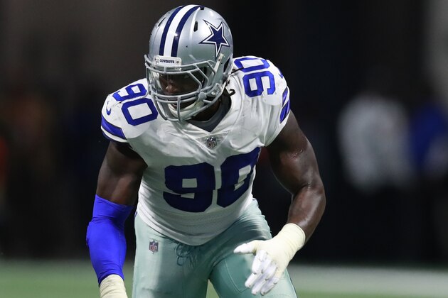 Dallas Cowboys defensive end DeMarcus Lawrence (90) rushes in against the Atlanta Falcons during an NFL football game, Sunday, November 12, 2017, in Atlanta. The Falcons won 27-7. (Jeff Haynes/AP Images for Panini)