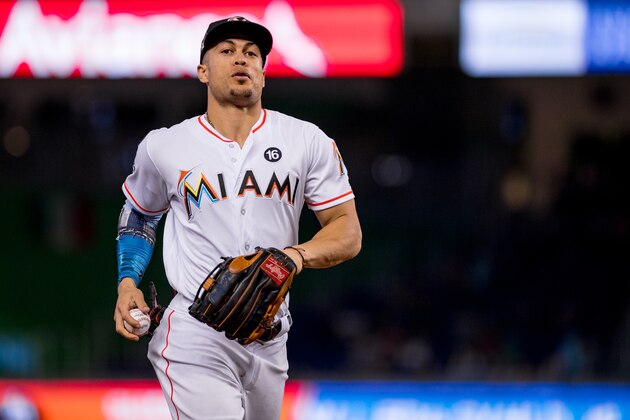 MIAMI, FL - OCTOBER 01: Giancarlo Stanton #27 of the Miami Marlins during the game against the Atlanta Braves at Marlins Park on October 1, 2017 in Miami, Florida. (Photo by Rob Foldy/Miami Marlins via Getty Images)