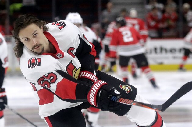 Ottawa Senators defenseman Erik Karlsson warms up before an NHL hockey game against the Chicago Blackhawks, Wednesday, Feb. 21, 2018, in Chicago. (AP Photo/Nam Y. Huh)