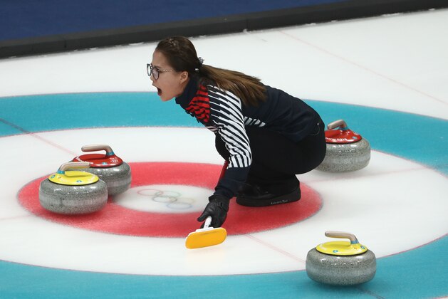 GANGNEUNG, SOUTH KOREA - FEBRUARY 23:  EunJung Kin of Korea competes during the Women's Semi Final match between Korea and Japan on day fourteen of the PyeongChang 2018 Winter Olympic Games at Gangneung Curling Centre on February 23, 2018 in Gangneung, South Korea.  (Photo by Robert Cianflone/Getty Images)