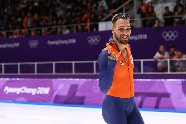 GANGNEUNG, SOUTH KOREA - FEBRUARY 23:  Kjeld Nuis of the Netherlands celebrates winning the gold medal during the Speed Skating Men's 1,000m on day 14 of the PyeongChang 2018 Winter Olympic Games at Gangneung Oval on February 23, 2018 in Gangneung, South Korea.  (Photo by Dean Mouhtaropoulos/Getty Images)