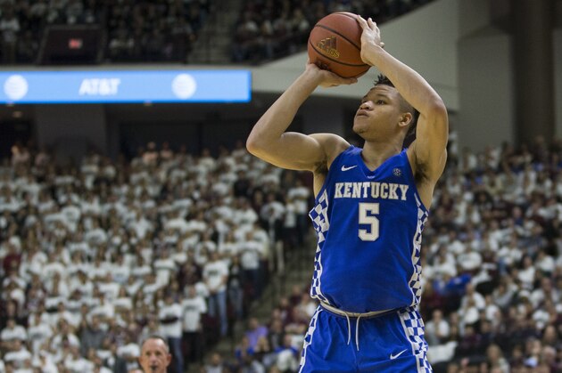 Kentucky forward Kevin Knox II (5) takes a three point shot against Texas A&M during the second half of an NCAA college basketball game Saturday, Feb. 10, 2018, in College Station, Texas. (AP Photo/Sam Craft)