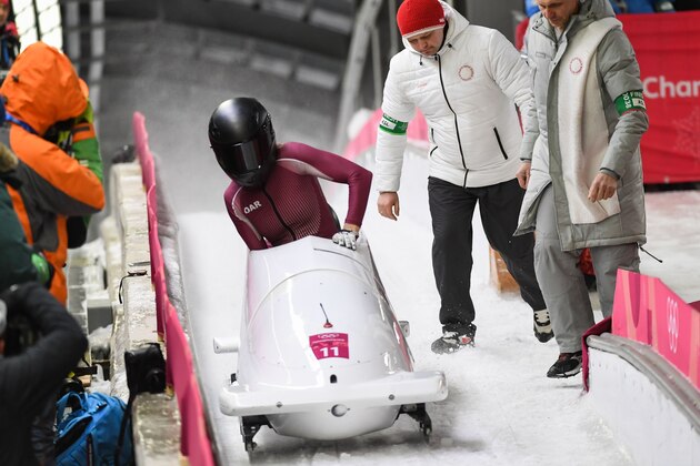 Russia's Nadezhda Sergeeva and Russia's Anastasia Kocherzhova compete in the women's bobsleigh heat 4 final run during the Pyeongchang 2018 Winter Olympic Games at the Olympic Sliding Centre on February 21, 2018 in Pyeongchang.  / AFP PHOTO / Mark RALSTON        (Photo credit should read MARK RALSTON/AFP/Getty Images)