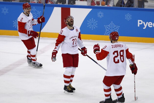 Russian athlete Ilya Kovalchuk (71) reacts after scoring a goal against the Czech Republic during the third period of the semifinal round of the men's hockey game at the 2018 Winter Olympics in Gangneung, South Korea, Friday, Feb. 23, 2018. Olympic Athletes from Russia won 3-0. (AP Photo/Patrick Semansky)