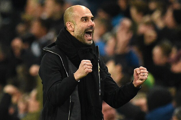 Manchester City's Spanish manager Pep Guardiola celebrates their first goal during the English Premier League football match between Manchester City and Newcastle United at the Etihad Stadium in Manchester, north west England, on January 20, 2018. / AFP PHOTO / Oli SCARFF / RESTRICTED TO EDITORIAL USE. No use with unauthorized audio, video, data, fixture lists, club/league logos or 'live' services. Online in-match use limited to 75 images, no video emulation. No use in betting, games or single club/league/player publications.  /         (Photo credit should read OLI SCARFF/AFP/Getty Images)