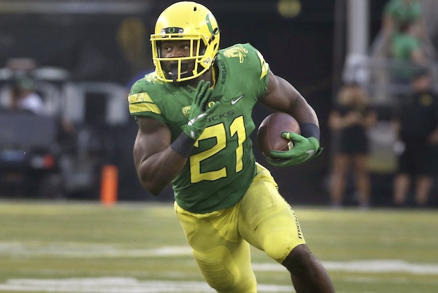 Oregon's Royce Freeman runs down field against Southern Utah in an NCAA college football game Saturday, Sept. 2, 2017, in Eugene, Ore. (AP Photo/Chris Pietsch) Oregon's Royce Freeman runs down field against Southern Utah in an NCAA college football game Saturday, Sept. 2, 2017, in Eugene, Ore. (AP Photo/Chris Pietsch)