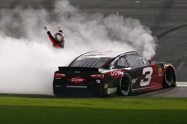 DAYTONA BEACH, FL - FEBRUARY 18:  Austin Dillon, driver of the #3 DOW Chevrolet, celebrates winning the Monster Energy NASCAR Cup Series 60th Annual Daytona 500 at Daytona International Speedway on February 18, 2018 in Daytona Beach, Florida.  (Photo by Sarah Crabill/Getty Images)