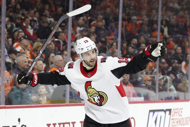 Ottawa Senators' Derick Brassard reacts to his goal during the first period of an NHL hockey game against the Philadelphia Flyers, Saturday, Feb. 3, 2018, in Philadelphia. The Senators won 4-3 in a shootout. (AP Photo/Chris Szagola)