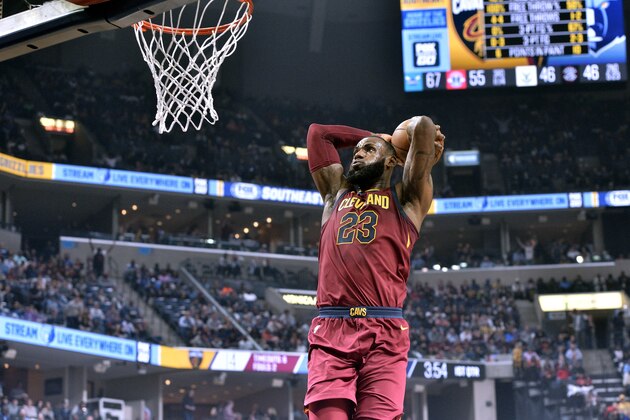 Cleveland Cavaliers forward LeBron James goes up for a dunk during the first half of an NBA basketball game against the Memphis Grizzlies on Friday, Feb. 23, 2018, in Memphis, Tenn. (AP Photo/Brandon Dill)