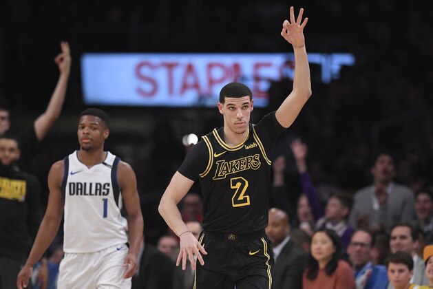 Los Angeles Lakers guard Lonzo Ball, right, gestures after hitting a 3-point shot as Dallas Mavericks guard Dennis Smith Jr. stands behind during the first half of an NBA basketball game Friday, Feb. 23, 2018, in Los Angeles. (AP Photo/Mark J. Terrill)