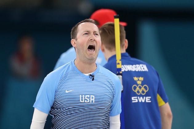 GANGNEUNG, SOUTH KOREA - FEBRUARY 24:  John Shuster of the United States reacts during the game against Sweden during the Curling Men's Gold Medal game on day fifteen of the PyeongChang 2018 Winter Olympic Games at Gangneung Curling Centre on February 24, 2018 in Gangneung, South Korea.  (Photo by Richard Heathcote/Getty Images)