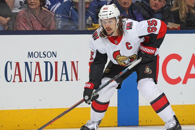 TORONTO, ON - FEBRUARY 10:  Erik Karlsson #65 of the Ottawa Senators waits for a faceoff against the Toronto Maple Leafs during an NHL game at the Air Canada Centre on February 10, 2018 in Toronto, Ontario, Canada. The Maple Leafs defeated the Senators 6-3. (Photo by Claus Andersen/Getty Images)