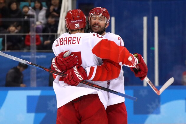 GANGNEUNG, SOUTH KOREA - FEBRUARY 23:  Ilya Kovalchuk #71 of Olympic Athlete from Russia celebrates with Andrei Zubarev #28 after scoring an empty net goal in the third period against Czech Republic during the Men's Play-offs Semifinals on day fourteen of the PyeongChang 2018 Winter Olympic Games at Gangneung Hockey Centre on February 23, 2018 in Gangneung, South Korea.  (Photo by Bruce Bennett/Getty Images)