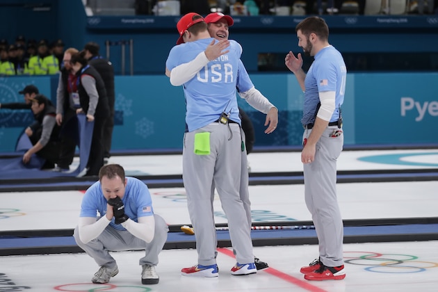 GANGNEUNG, SOUTH KOREA - FEBRUARY 24:  Team United States reacts after defeating Sweden 10-7 to win the Curling Men's Gold Medal game on day fifteen of the PyeongChang 2018 Winter Olympic Games at Gangneung Curling Centre on February 24, 2018 in Gangneung, South Korea.  (Photo by Richard Heathcote/Getty Images)