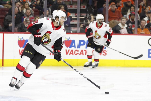 Ottawa Senators' Mike Hoffman in action during the second period of an NHL hockey game against the Philadelphia Flyers, Saturday, Feb. 3, 2018, in Philadelphia. The Senators won 4-3 in a shootout. (AP Photo/Chris Szagola)