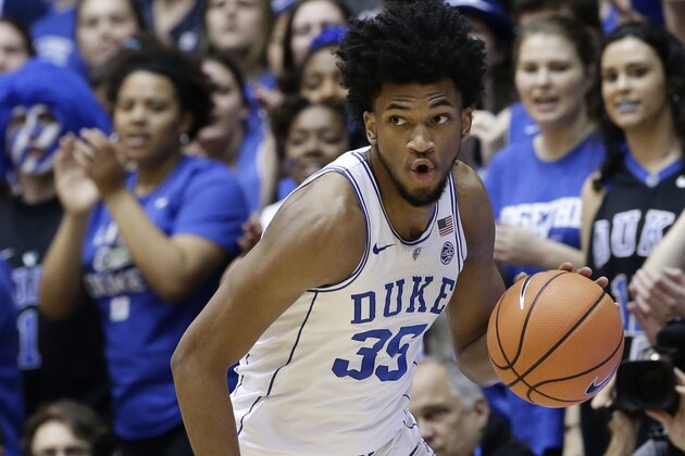 Duke's Marvin Bagley III (35) dribbles against Notre Dame during the first half of an NCAA college basketball game in Durham, N.C., Monday, Jan. 29, 2018. (AP Photo/Gerry Broome)