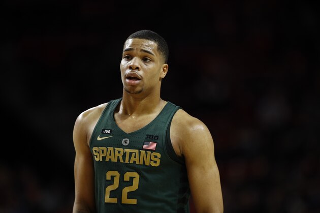 Michigan State guard Miles Bridges stands on the court in the first half of an NCAA college basketball game against Maryland in College Park, Md., Sunday, Jan. 28, 2018. (AP Photo/Patrick Semansky)