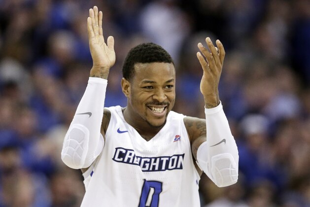 Creighton's Marcus Foster (0) reacts to a Creighton basket during the first half of an NCAA college basketball game against Villanova in Omaha, Neb., Saturday, Feb. 24, 2018. (AP Photo/Nati Harnik)