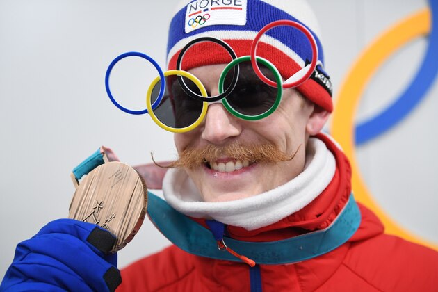 TOPSHOT - Norway's ski jumper and large hill bronze medallist Robert Johansson poses backstage at the Athletes' Lounge during the medal ceremonies at the Pyeongchang Medals Plaza during the Pyeongchang 2018 Winter Olympic Games in Pyeongchang on February 18, 2018. / AFP PHOTO / Martin BERNETTI        (Photo credit should read MARTIN BERNETTI/AFP/Getty Images)