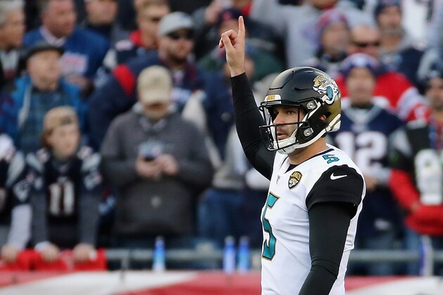 FOXBOROUGH, MA - JANUARY 21:  Blake Bortles #5 of the Jacksonville Jaguars reacts in the second quarter of the AFC Championship Game against the New England Patriots at Gillette Stadium on January 21, 2018 in Foxborough, Massachusetts.  (Photo by Jim Rogash/Getty Images)