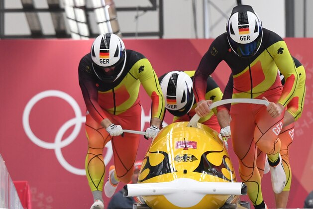 Germany's Francesco Friedrich leads his team in the 4-man bobsleigh heat 1 run during the Pyeongchang 2018 Winter Olympic Games, at the Olympic Sliding Centre on February 24, 2018 in Pyeongchang.  / AFP PHOTO / Mark RALSTON        (Photo credit should read MARK RALSTON/AFP/Getty Images)