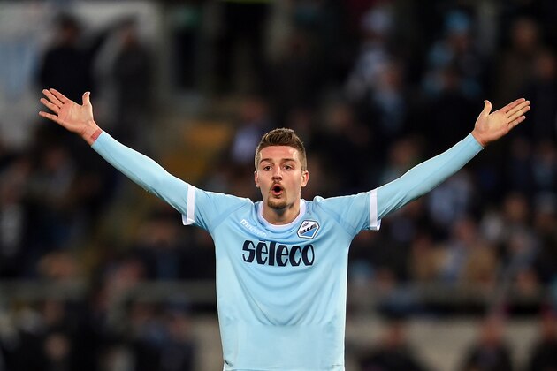 Lazio's midfielder from Serbia Sergej Milinkovic-Savic reacts during the Italian Serie A football match between Lazio and Udinese at the Olympic Stadium in Rome on January 24, 2018. / AFP PHOTO / FILIPPO MONTEFORTE        (Photo credit should read FILIPPO MONTEFORTE/AFP/Getty Images)